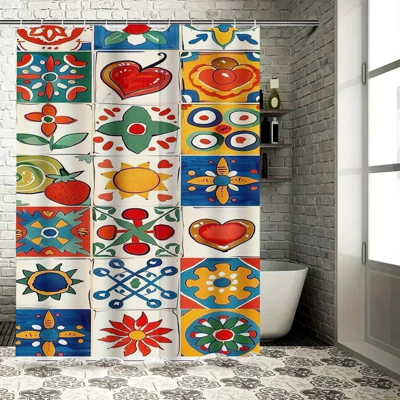 

Colorful Tile Pattern Waterproof Shower Curtain Heat Resistant Machine Washable Non-Transparent 180x180cm W90xH180cm