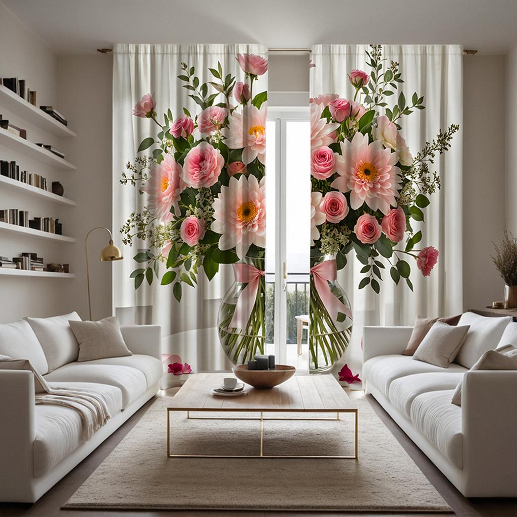2pcs HD Vase Bouquet of Roses Decorative Curtain Pink Tie Digital Printed Curtain Home Decoration Style Decorative Living Roo