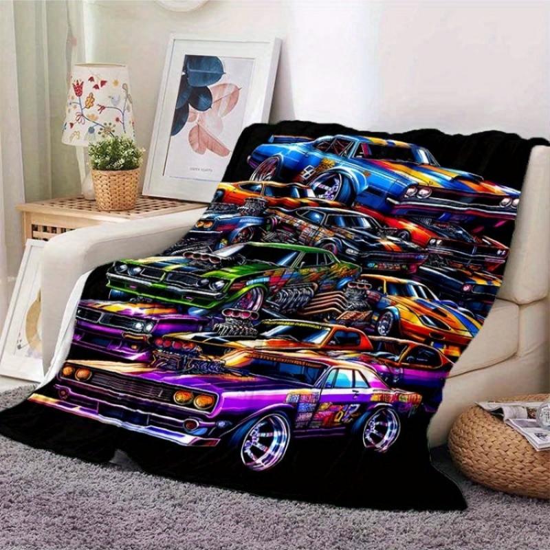 Vibrant Retro Muscle Car Flannel Blanket Graffiti US Racing Car Print Soft Throw for Bedroom Sofa Travel Cool Home Decors