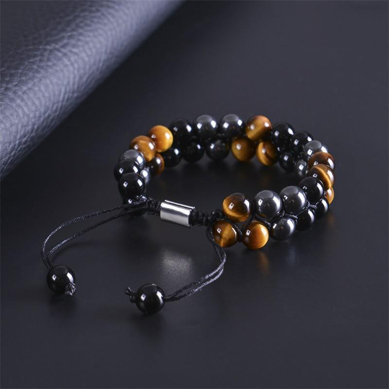 Mens Adjustable Double Layer Natural Tigers Eye Bracelet With Black Agate Hematite Beads 8mm
