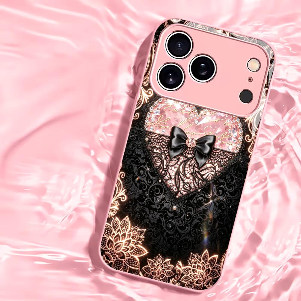 Lace diamond heart shape phone case for funda iphone for iphone 17 pro max cover glass for iPhone 17 16 15 14 13 12pm Pro Plus