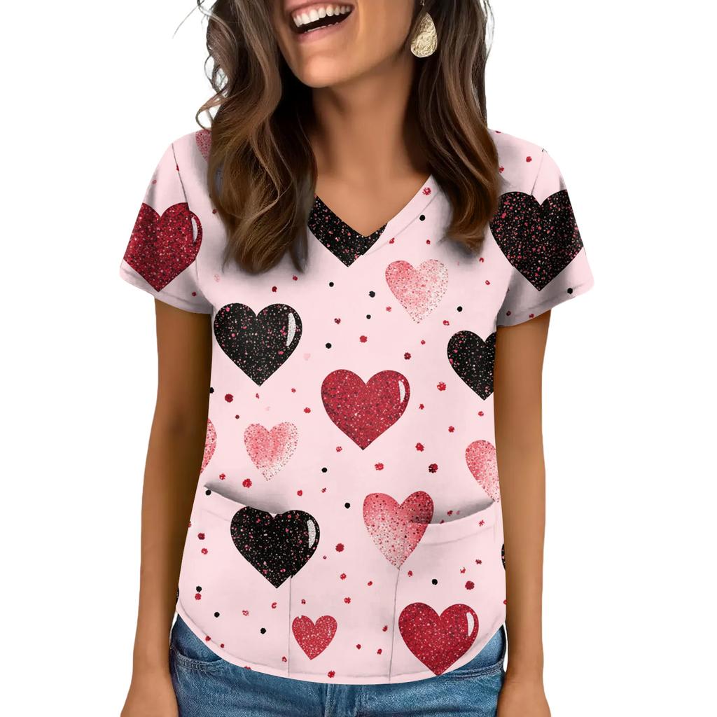 Women's V-neck Valentine's Day Printed Short-sleeved Top With Pockets And Side Slits, Suitable For Caregivers.