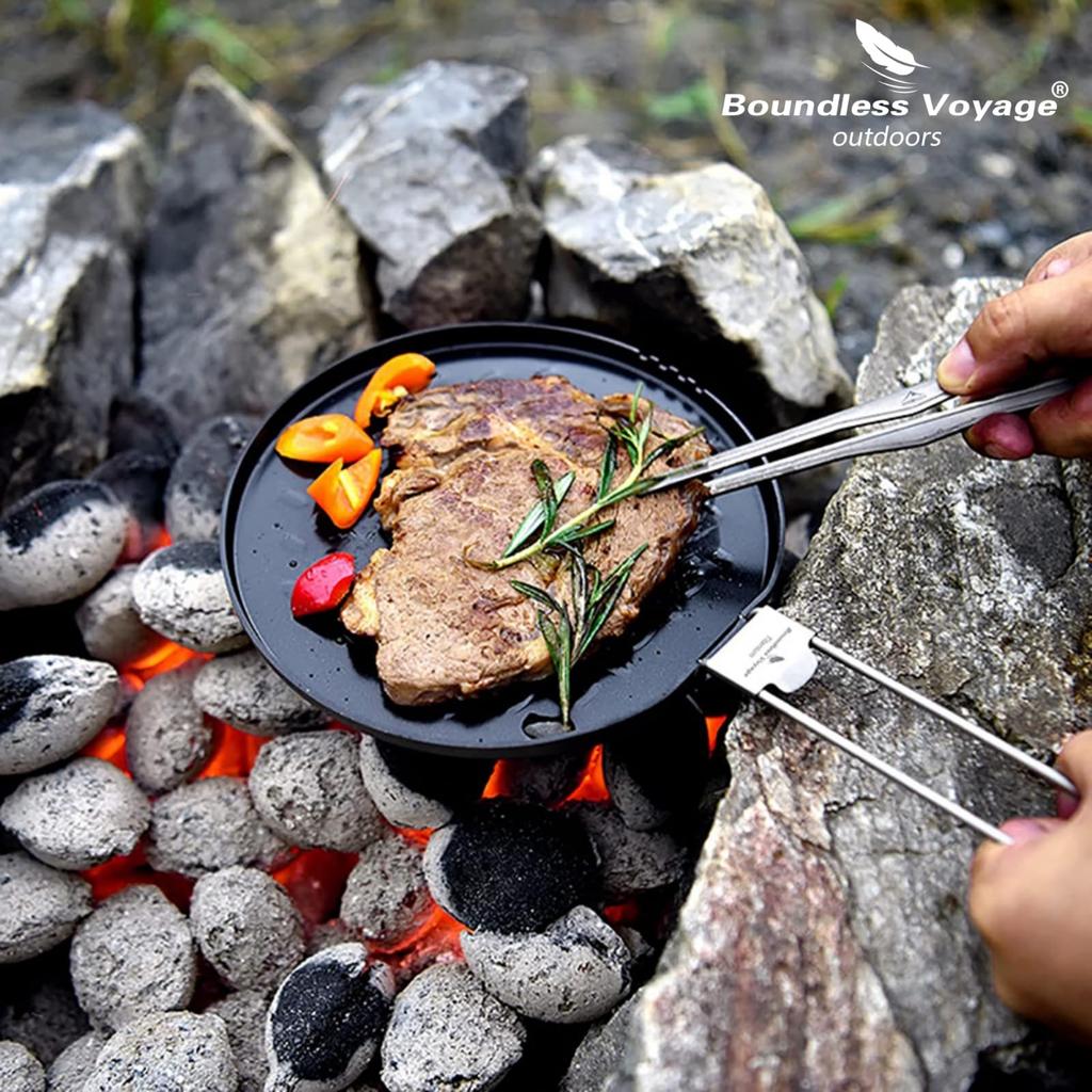 Boundless Voyage Titanium Skillet Frying Pan with Folding Handle and Outdoor Cookware Includes Storage Bag Ti2064C - Camping, BBQ, Hiking, - -