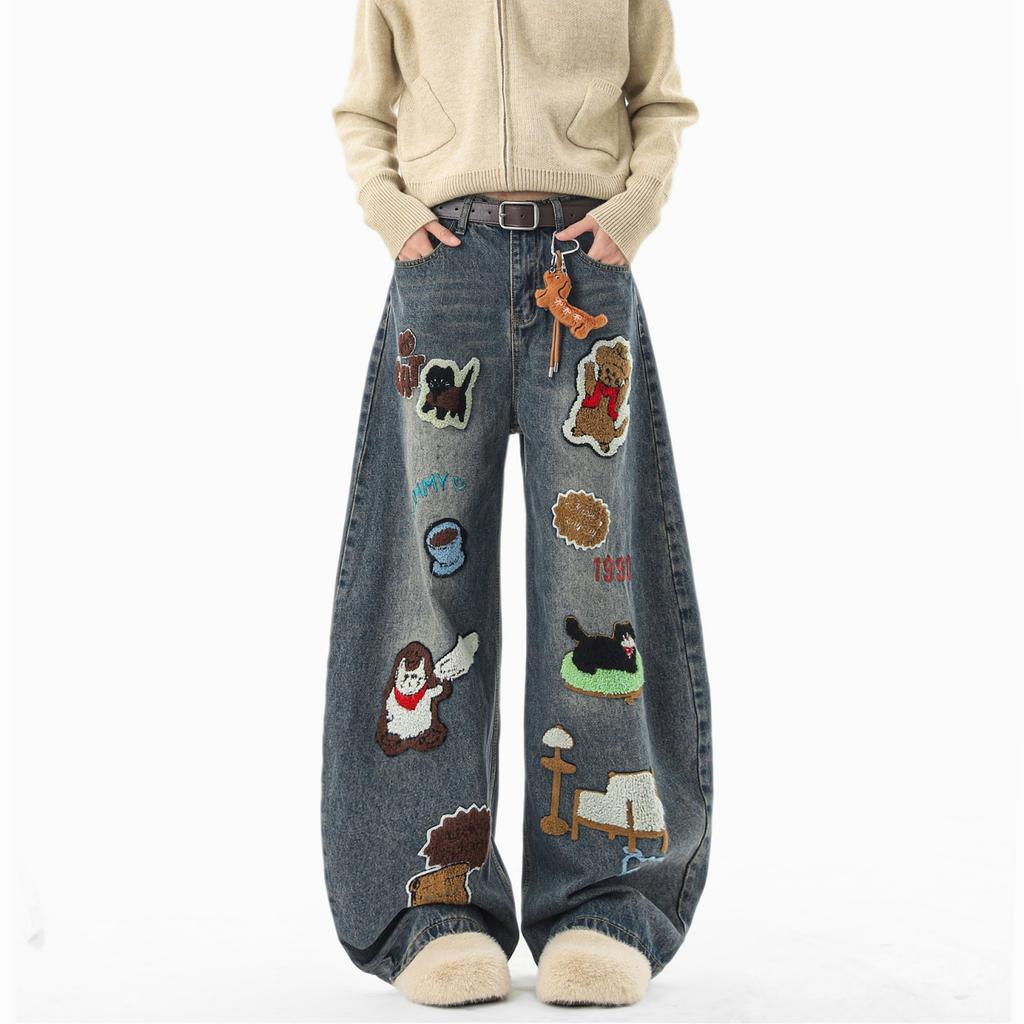 JYL Men's Flare Jeans Blue Jacquard Niche American High-Street Slim Straight Denim