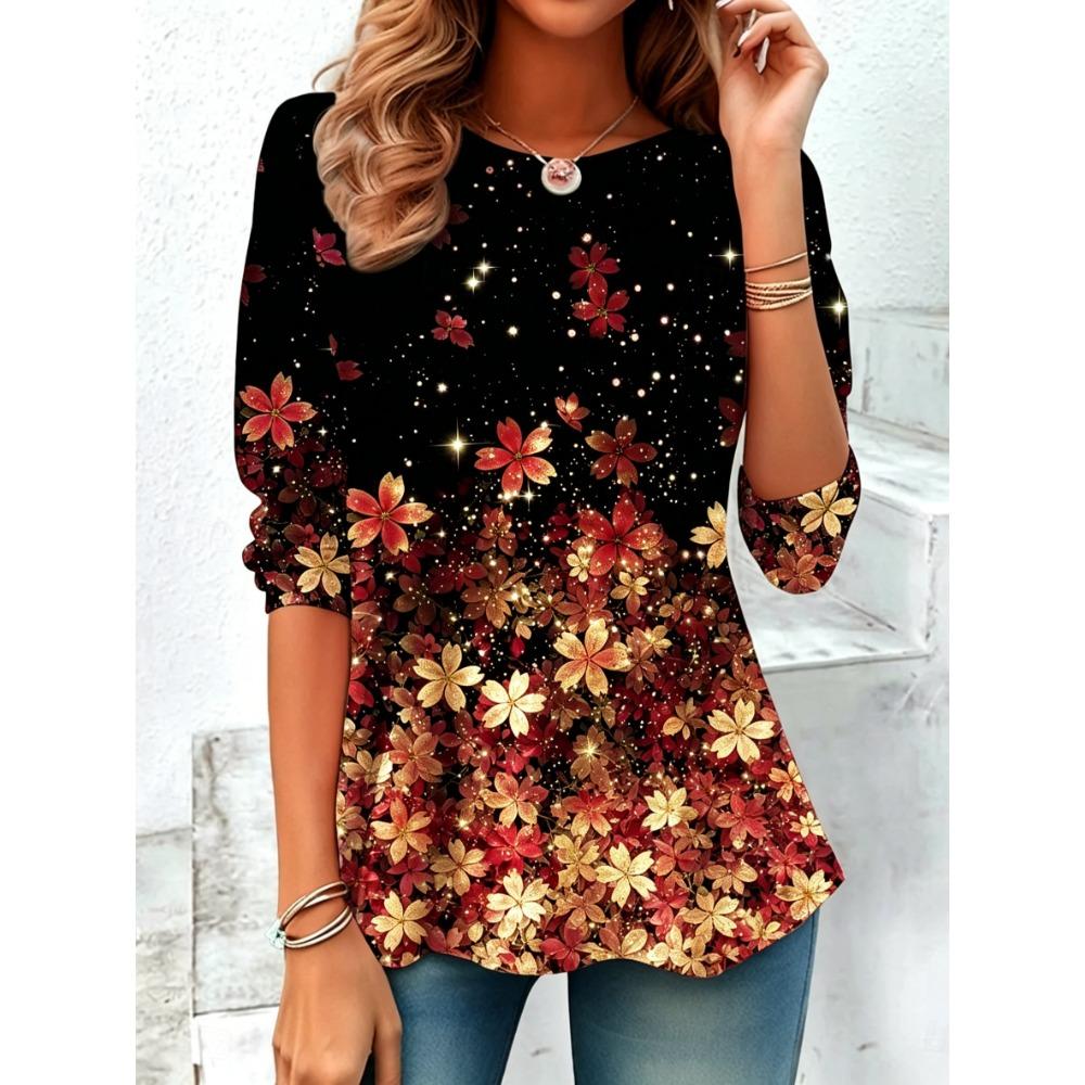 Women's Long Sleeve Crew Neck Pink Floral Glitter Print Casual T-Shirt, Regular Tops for Spring Summer Daily Party Wear