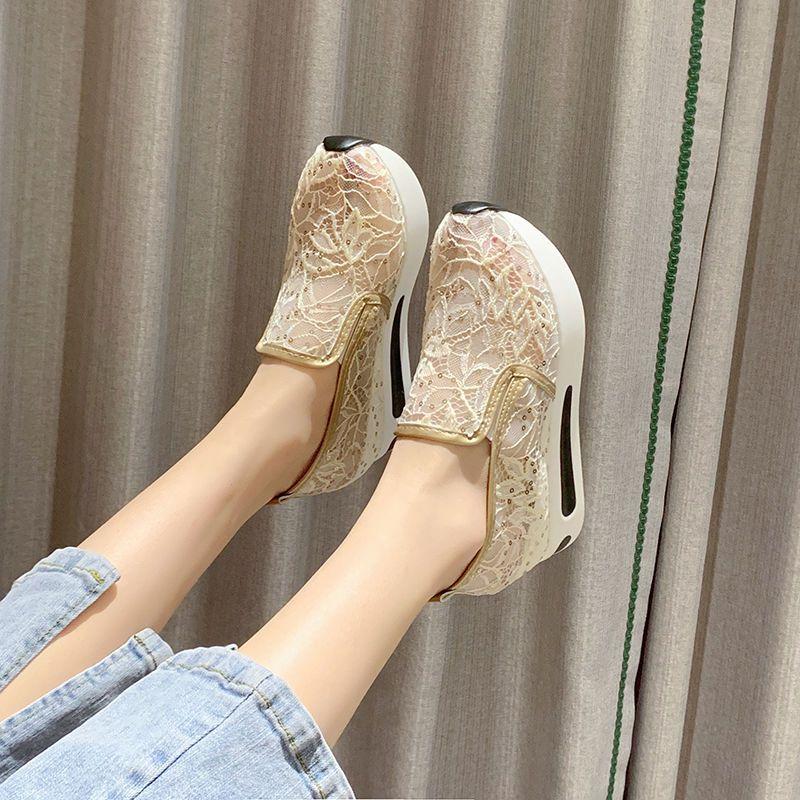 Fashion Summer High Platform Slip On Sequins Casual Woman Footwear Sale Y2k Fashion Designer Luxury Lace Mesh Breathable Shoes for Women