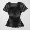 Gotisches Harajuku Y2K Damen Crop Top Lässig Enganliegend Gestreift Spitze Schleife Knopf Design Kurzarm T-Shirt Schick Trendy Streetwear