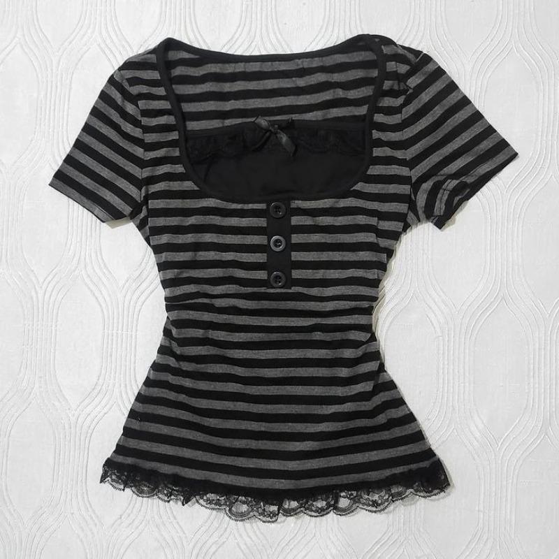 Gotisches Harajuku Y2K Damen Crop Top Lässig Enganliegend Gestreift Spitze Schleife Knopf Design Kurzarm T-Shirt Schick Trendy Streetwear