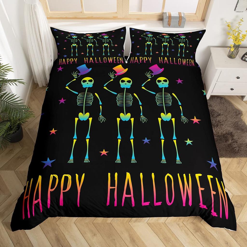 Sugar Skull King Queen Duvet Cover Funny Skeleton Halloween Bedding Set Gothic Spooky Bone Quilt Cover Polyester Comforter Cover