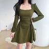Micro square neck long sleeve dress spring and autumn large size women's clothing retro waist thin a word short skirt