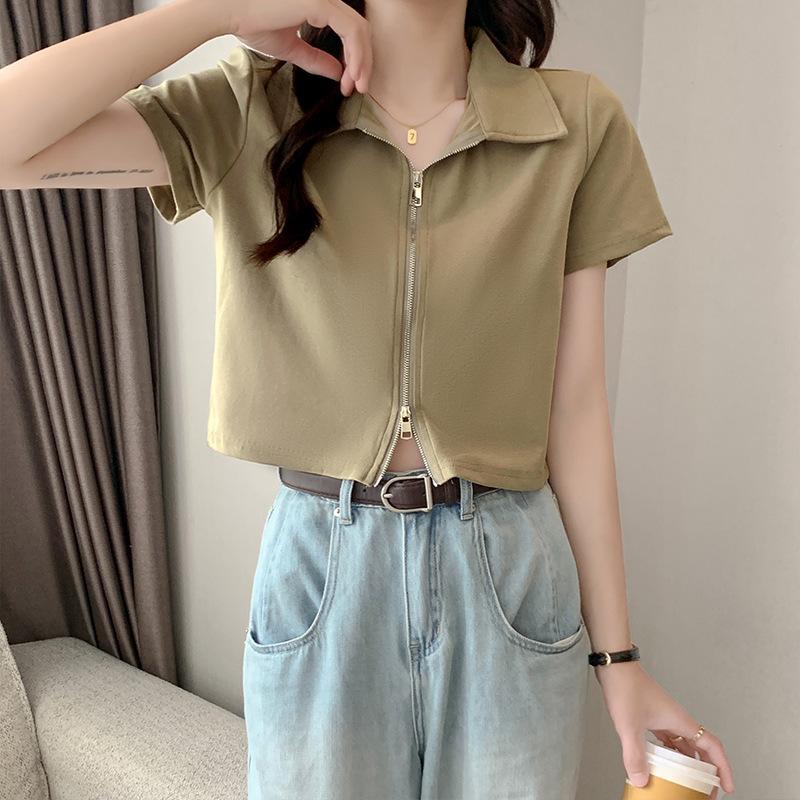 Polo lapel right shoulder white T-shirt for women summer design double zipper short-sleeved navel-baring short half-sleeved hot girl top