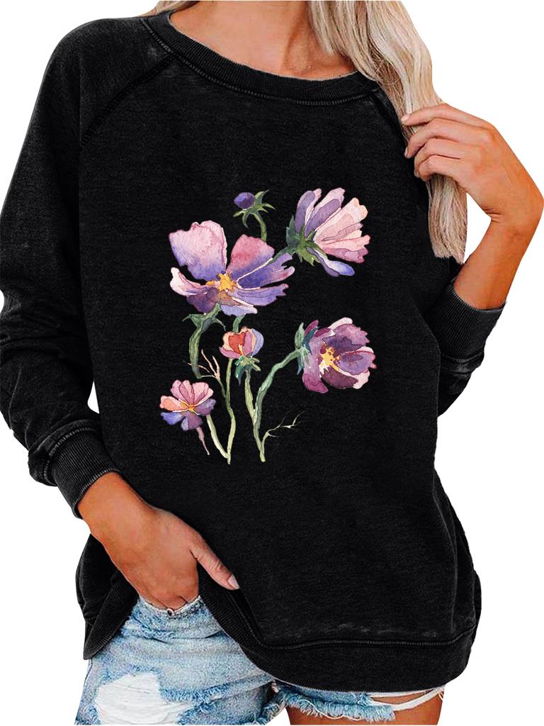 Ladies Spring/Fall Sweatshirt Women's Oversized Pullover Sweatshirt Fashion Flower Print Top