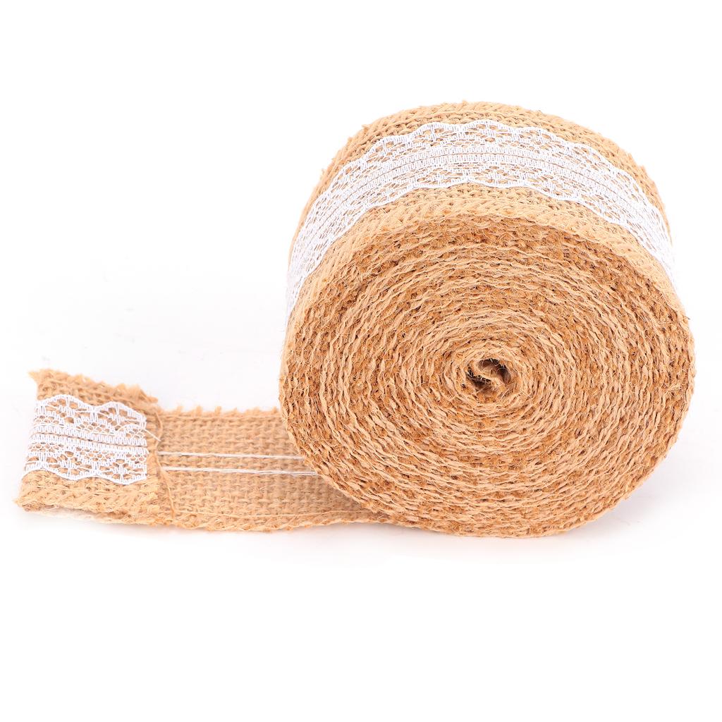 Jutaband med vit spets Naturlig juterulle för DIY-dekoration Presentförpackning 5 Yards5cm