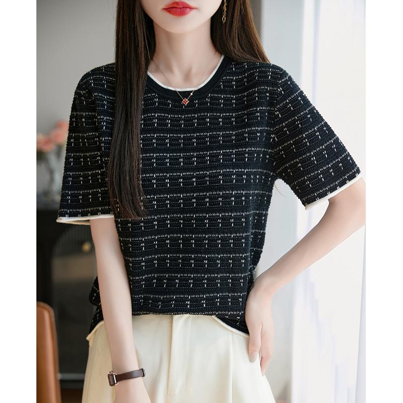 Striped Round Neck Knitted T-shirt for Womens Summer Pure Cotton Trendyable and Versatile Short-sleeved Top