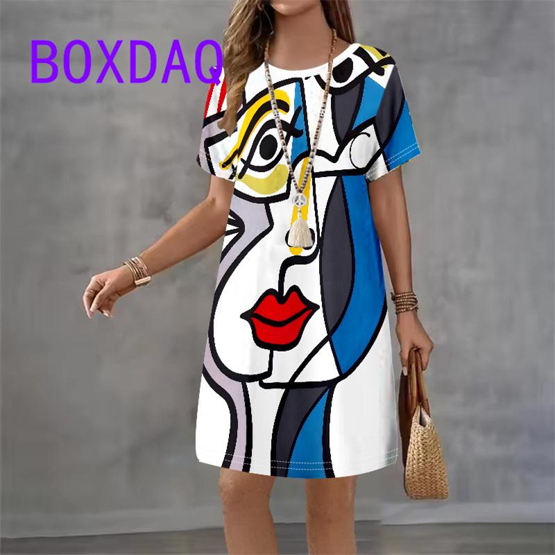 Retro Portrait Art Facial Pattern Women Dress Short Sleeve O-Neck Loose Casual A-Line Dress Summer New Street Ladies Sundress