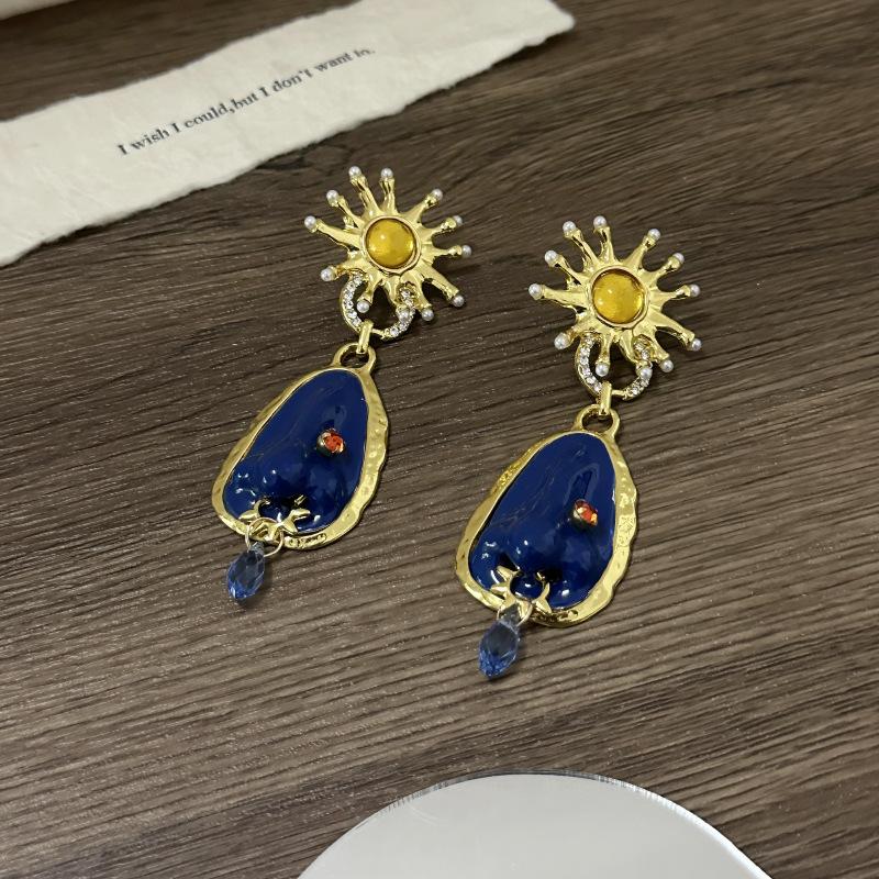 Exaggerated Blue Stone Water Drop Dangle Earrings for Women Jewelry Baroque Style Party Show Statement Earrings Accessories