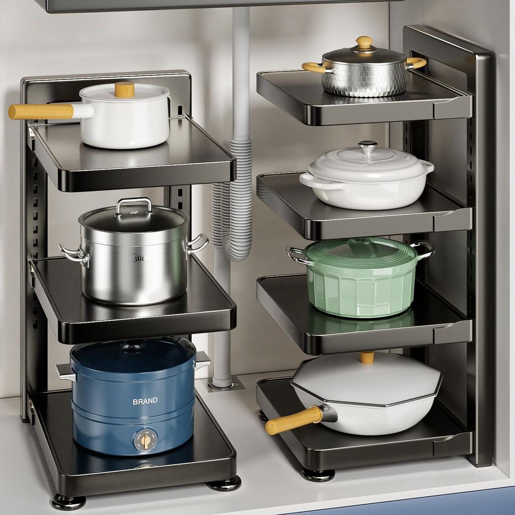 Square pot rack, kitchen rack, household multi-functional pot storage rack, multi-layer cabinet under sink adjustable rack
