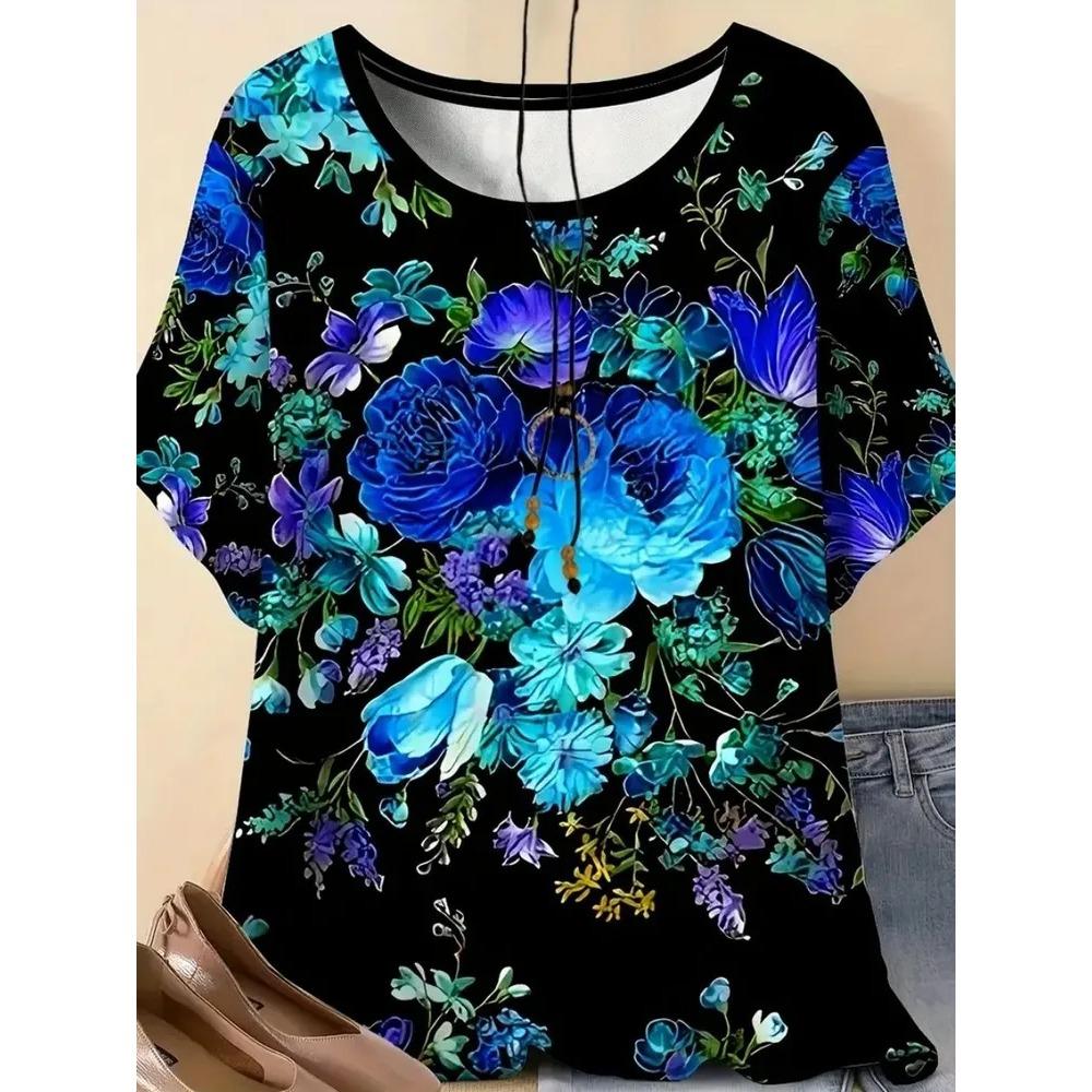 Damen Kurzarm T-Shirt Modisches Buntes Blumenmuster Bequem Locker Oversize Rundhals T-Shirt
