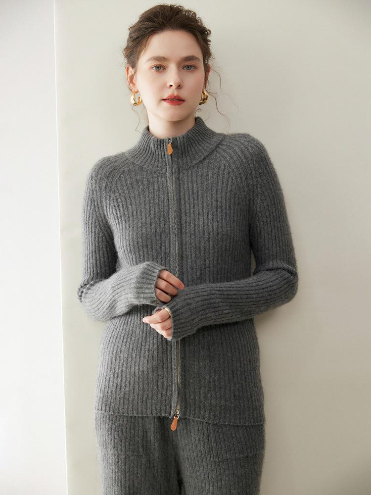 Women's Winter 2026 Double Zipper Slimming Cashmere Cardigan - Half-High Collar Ribbed Gentle Style Outerwear