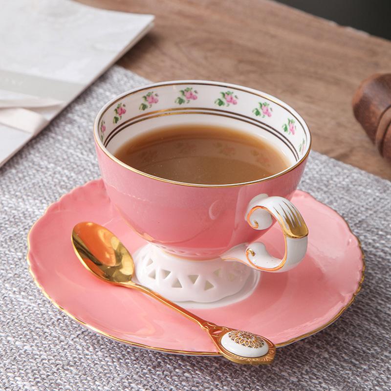 Coffee Cup And Saucer Set, Ceramic Light Luxury Bone China Flower Teacup Tray, Nordic British Small Fresh And Luxurious Afternoon Red Teacup