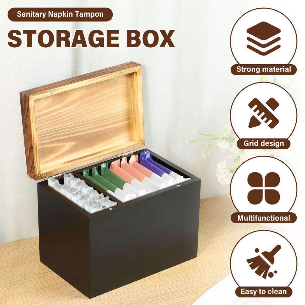Wood Tampon Holder Bathroom Pad and Tampon Storage Box with Lid Feminine Product Organizer for Toilet Desktop Decor