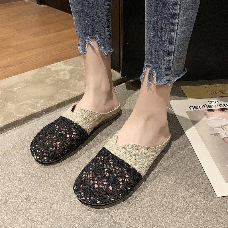 Round head bag head linen half slippers women's 2025 summer outer wear flat bottom without heel lazy person one pedal hollow sandals