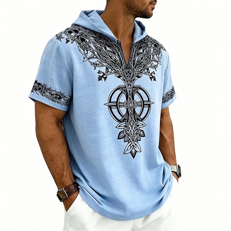 Men Loose Hooded Faith Rune Print Short Sleeve Casual T Shirt