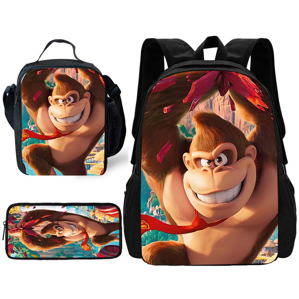 Child School Cartoon Donkeyeds Kongs Bananzaeds Backpack with Lunch Bags ,Pencil Bags ,School Bags for Boys Girls Best Gift