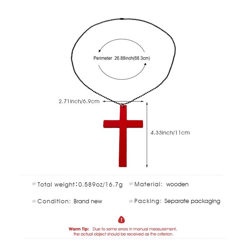 Punk Wood Cross Pendant Necklace for Women Men Vintage Hip Hop Red Big Cross Beaded Sweater Chain Necklace Y2K Halloween Jewelry