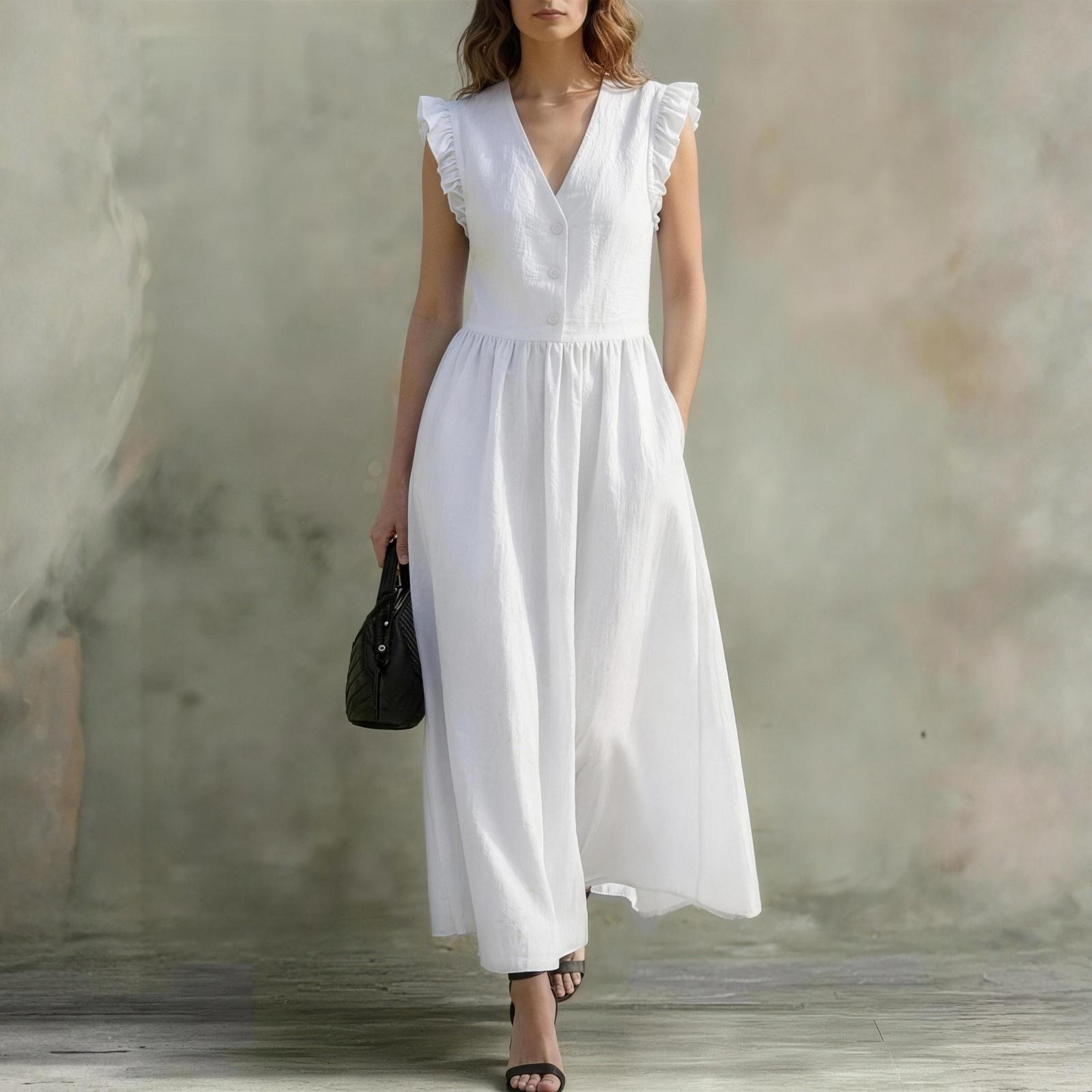 

Ladies Casual, Fashionable, Elegant V-neck Dress With Three Buttons And Pockets XL білий