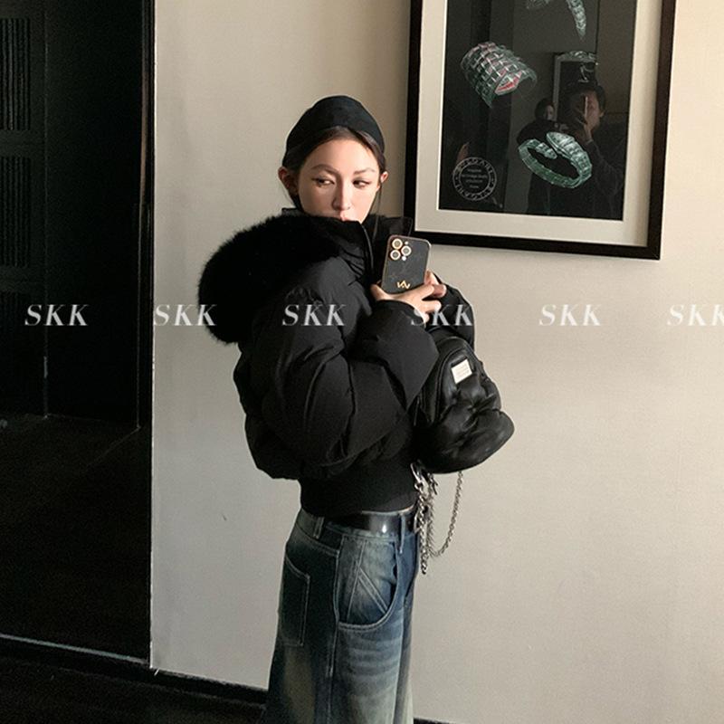 Women's Dark Blue Short Puffer Jacket with Big Fur Collar