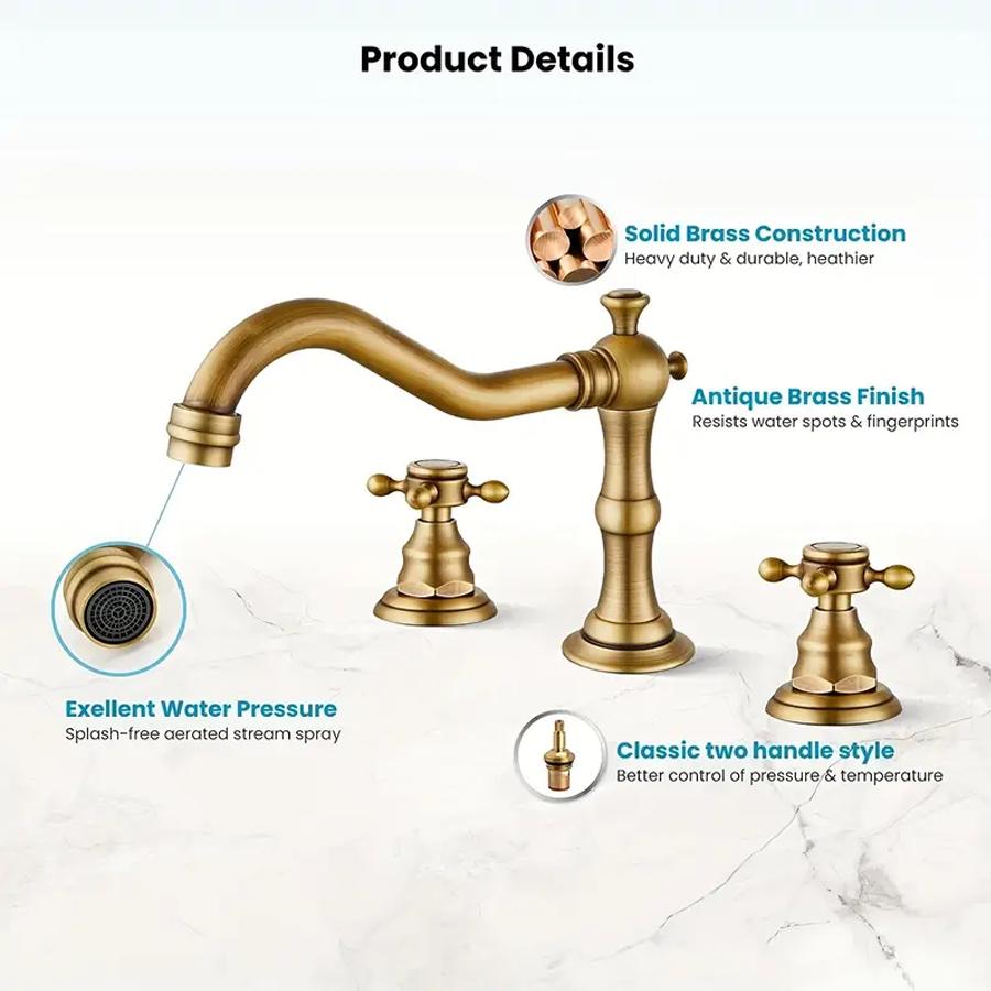 ITAX-WORLD ברז כיור אמבטיה 3 חורים רחב ידיים פליז עתיק ברז מיקסר לכיור ברז מתאים ניקוז פופ-אפ מתכתי עם גלישה