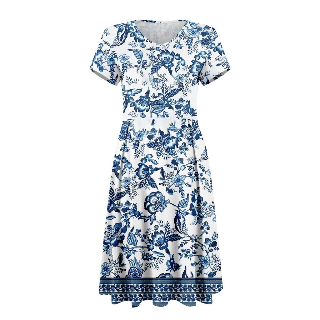 Damek sommerkjole Kortermet V-hals Korte kjoler Mote Casual Flytende A-linje Sving Solkjole med lomme