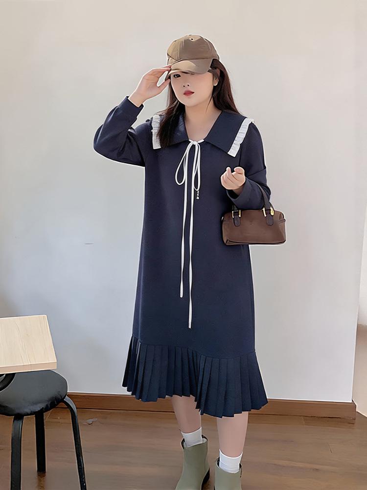 Plus Size Women's College Style Doll Collar Pleated Dress for Spring & Autumn (130-320 Jin)