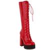 Female Motorcycle Boots Platform Chunky Heel Knee High Med Calf Boots 2024 New Arrivals Platform Chunky Heel Lace Up Red Black