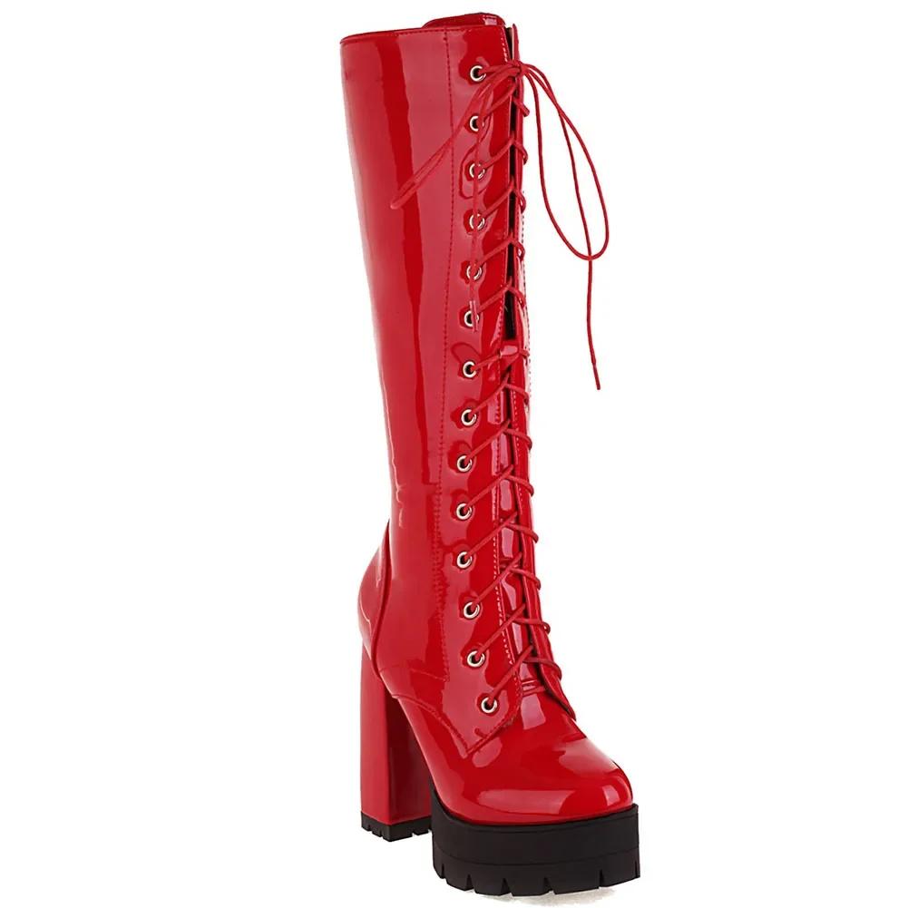 Female Motorcycle Boots Platform Chunky Heel Knee High Med Calf Boots 2024 New Arrivals Platform Chunky Heel Lace Up Red Black
