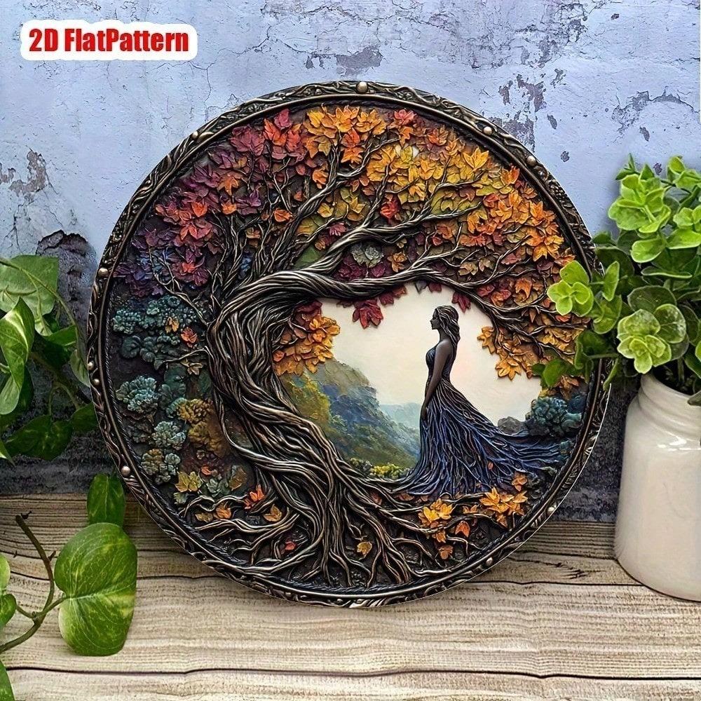 Old Money Tree Hole Aluminum Wall Art 8x8 Inch Round Metal Medallion for Home Office Decor
