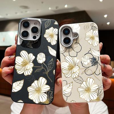 Floral Print Matte TPU Leather Texture Slim Case For iPhone 16 Pro Max 15 Plus 14 Pro 13 12 11 Shockproof Soft Phone Cover