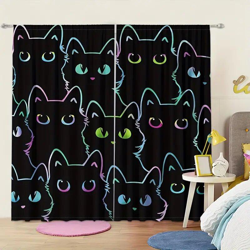 2Pcs - Cartoon Neon Cat Animal Pattern Printed Curtains, Window Decorations, Home Decorations, Room Decorations