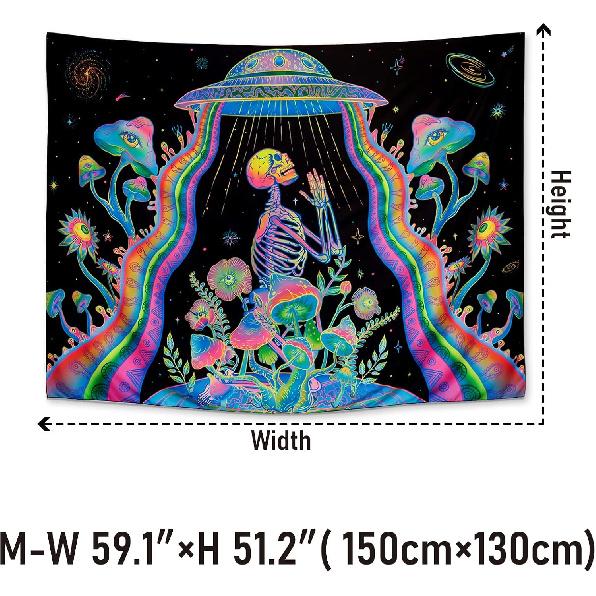 Galoker Blacklight Skeleton Tapestry Fantasy Plant Floral Tapestries UV Reactive Alien UFO Tapestry Galaxy Space Tapestries Wall Hanging for Home