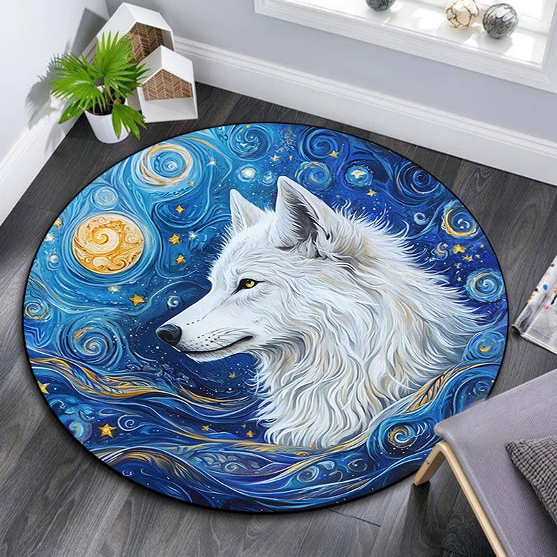 White Wolf Round Area Rug,Carpet Rug for Living Room Bedroom Sofa Playroom Decor,Non-slip Floor Mat