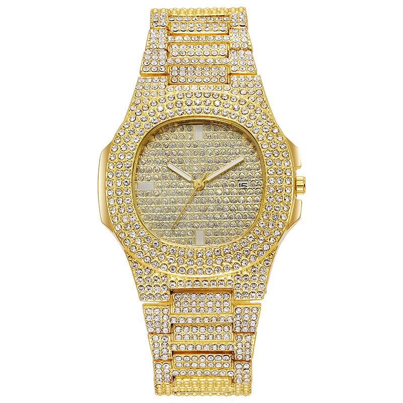 Éléments hip-hop européens et américains mode montres pour hommes et femmes tout en diamants carrées grandes montres dorées tendance mode bracelet en acier montres à quartz