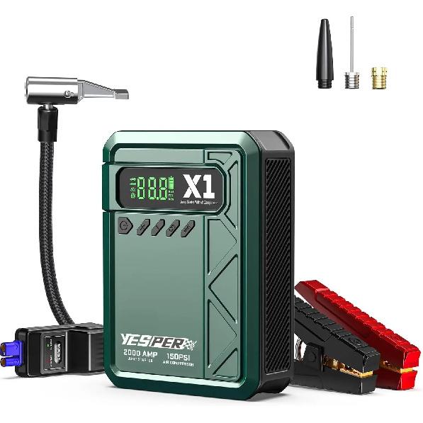 YESPER 2000A Jump Starter Air Compressor 150PSI, 12V Car Jumper Booster LCD Display for 8L Gas / 6L Diesel Truck