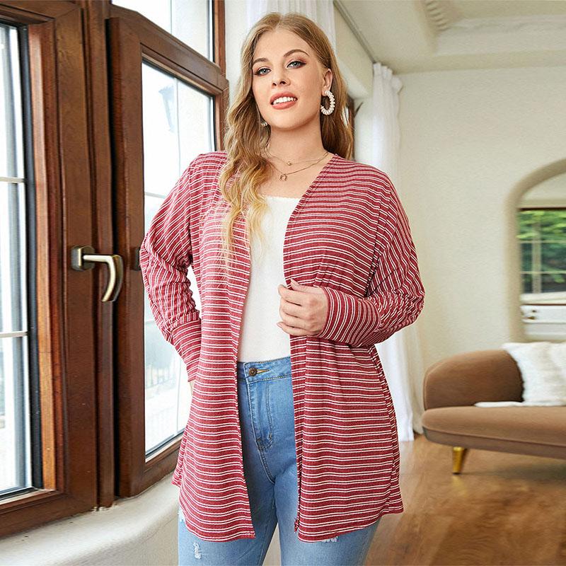 

Женский полосатый вязаный кардиган с открытым передом и длинными рукавами