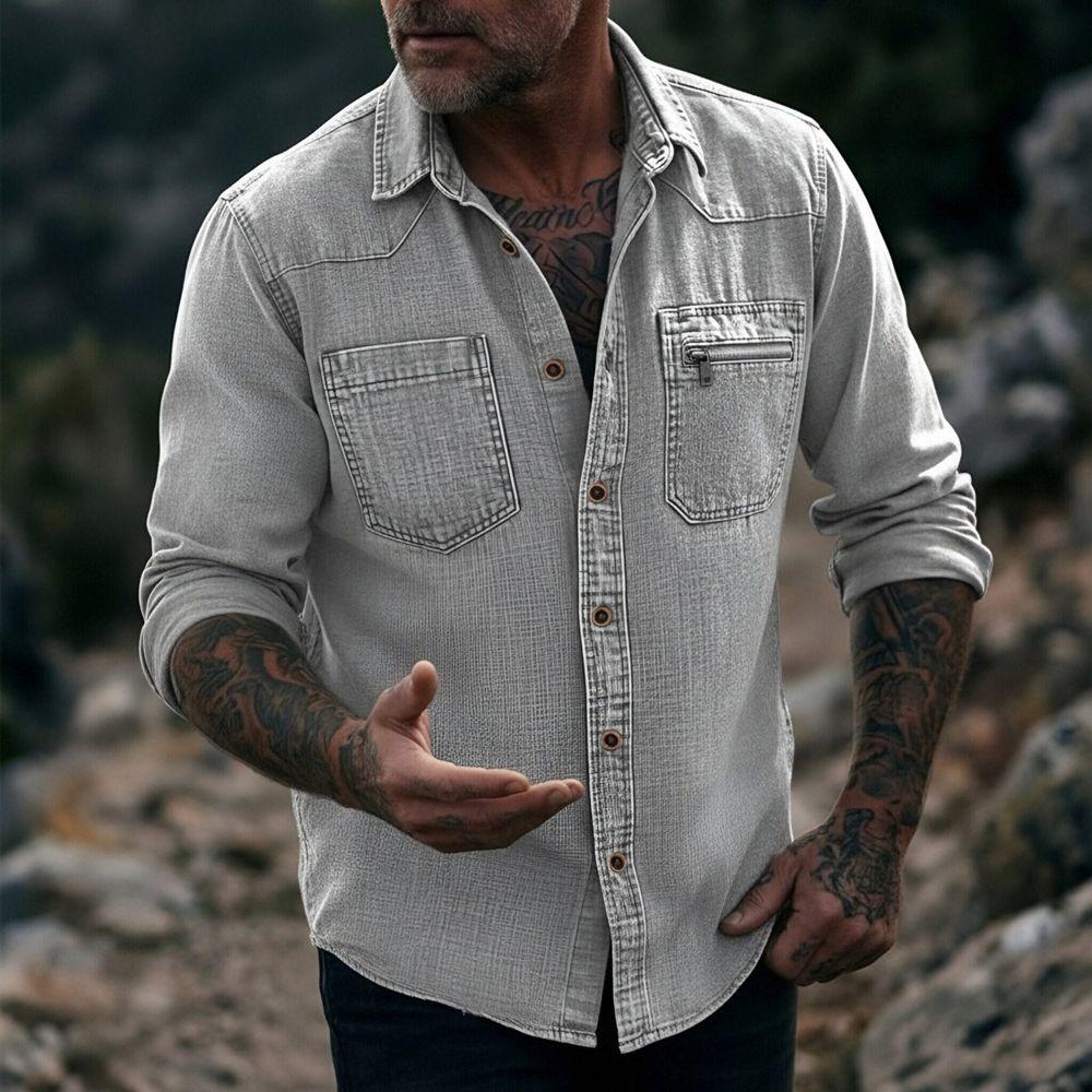 Camicia da uomo vintage in denim lavato a maniche lunghe con bottoni e tasca con zip, casual, da lavoro