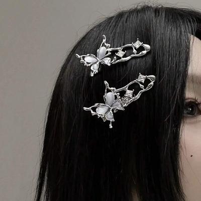 2pc Y2K Cat Eye Zircon Butterfly Hair Clip Black Liquid Metal Fashion High-end Girls Bangs  Women Hair Accessories Duckbill Clip