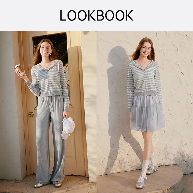 Xiangying Women's Striped Hooded Zip-Up Lightweight Cardigan
