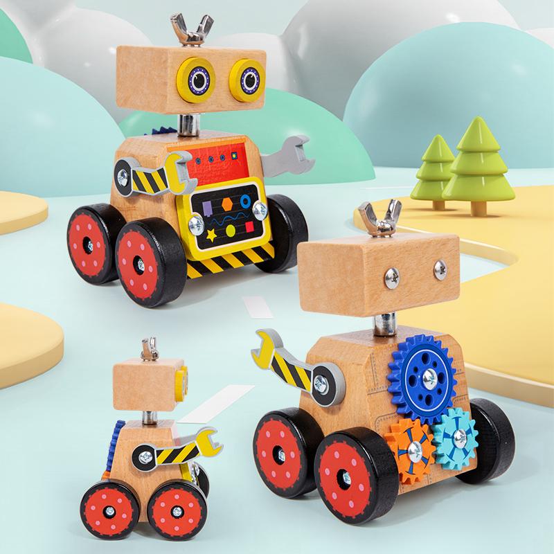 Montessori Wooden Small Car Assembly Robot Toy Screw Busy Puzzle Game Kids Early Educational Hand Brain Sense Organ Toys Gifts