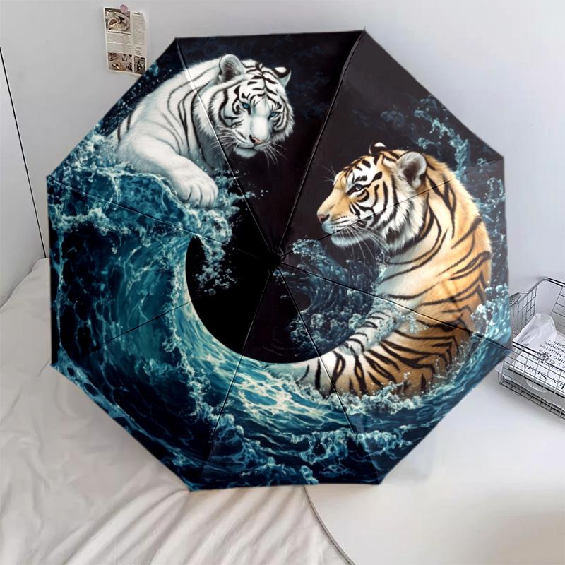 Ferocious Tiger Pattern, Automatic Folding Umbrella, Portable and Foldable Design, 8 Ribs, a Christmas or Birthday Gift.