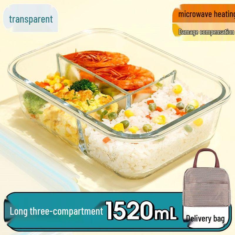 Microwaveable Transparent Glass Bento Lunch Box with Lid and Fresh-Keeping, Includes Damage Compensation.